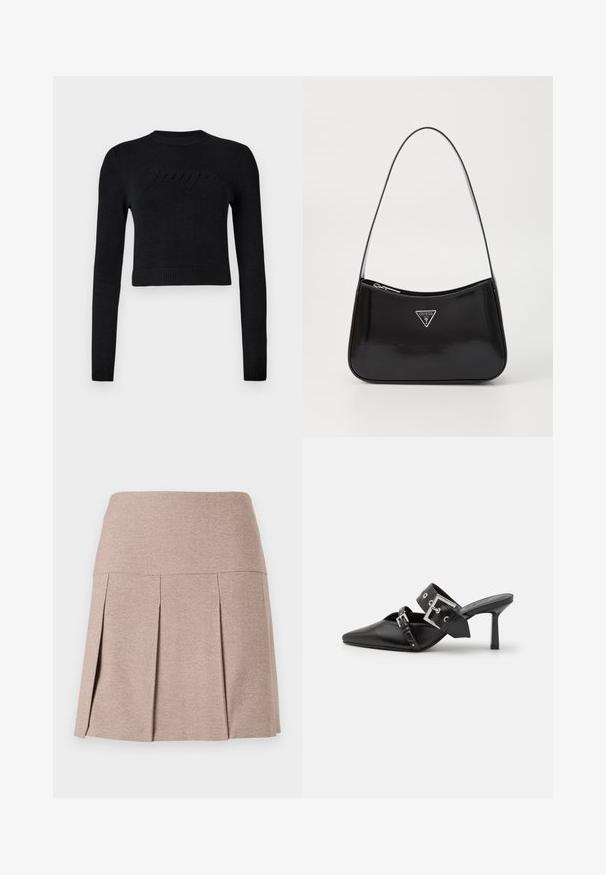 Schwarzer, langärmeliger, cropped Pullover mit gerippten Bündchen und Saum, der ein dezentes, erhabenes Logo auf der Brust zeigt.; Faltenrock aus einem weichen, beige Stoff mit einem glatten Bund, der ein strukturiertes, leichtes Material und einen geraden Saum aufweist.; Schwarze High-Heel-Mules mit spitzem Zeh aus glattem Leder. Mit einem breiten Knöchelriemen, der eine quadratische silberne Schnalle und Nieten aufweist.; Schwarze patentierte Leder-Schultertasche mit geschwungener Form, ausgestattet mit einem silbernen Dreieckslogo und einem Reißverschluss. Glatte Textur und schmaler Riemen.