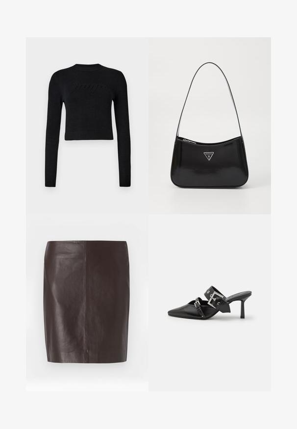 Juodas ilgas rankovėmis trumpas megztinis su raukšlėtais rankogaliais ir apatine dalimi, su subtiliu iškilusiu logotipu per krūtinę.; Ruda odinė sijonas su tiesiu kirpimu, lygia tekstūra ir minimaliais siūlais. Su vidutinio ilgio dizainu, be papuošimų.; Juodos aukštakulnės mule bateliai su smailiu pirštu, pagaminti iš lygaus odos. Turi platų kulkšnies dirželį su kvadratiniu sidabro sagtimi ir skulptūromis.; Juodas lakinės odos peties krepšys, turintis kreivą formą, su sidabriniu trikampio logotipu ir užtrauktuko uždarymu. Lygus paviršius ir siauras diržas.
