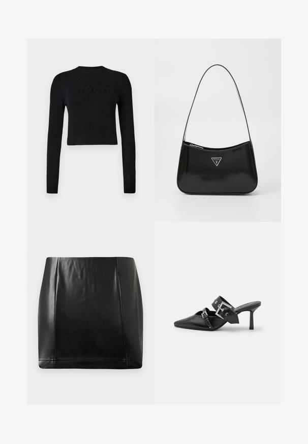 Schwarzer, langärmeliger, cropped Pullover mit gerippten Bündchen und Saum, der ein dezentes, erhabenes Logo auf der Brust zeigt.; Schwarzer Kunstleder-Minirock mit Frontpaneel-Nähten und leichtem Glanz, flach auf einem neutralen Hintergrund ausgelegt.; Schwarze High-Heel-Mules mit spitzem Zeh aus glattem Leder. Mit einem breiten Knöchelriemen, der eine quadratische silberne Schnalle und Nieten aufweist.; Schwarze patentierte Leder-Schultertasche mit geschwungener Form, ausgestattet mit einem silbernen Dreieckslogo und einem Reißverschluss. Glatte Textur und schmaler Riemen.