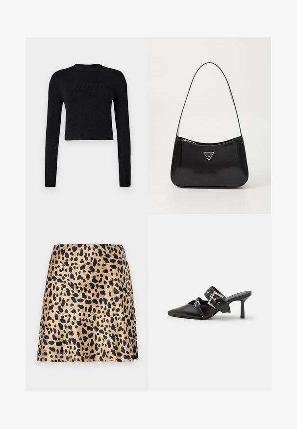 Pull cropped noir à manches longues avec des poignets et un ourlet côtelés, comportant un logo en relief subtil sur la poitrine.; Mini-jupe en imprimé léopard fabriquée en tissu lisse ; présente un fond beige avec des taches noires ; coupe simple sans matériel visible.; Mules noires à talons hauts avec un bout pointu, en cuir lisse. Dotées d'une large sangle à la cheville avec une boucle carrée en argent et des clous.; Sac à épaule en cuir verni noir avec une forme incurvée, présentant un logo triangle en argent et une fermeture éclair. Texture lisse et bandoulière fine.