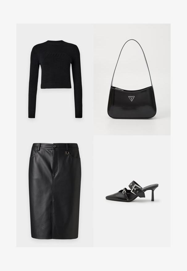 Pull cropped noir à manches longues avec des poignets et un ourlet côtelés, comportant un logo en relief subtil sur la poitrine.; Jupe crayon en cuir noir avec une texture lisse, fente frontale, poches latérales et fermeture à bouton à la taille. Design minimaliste.; Mules noires à talons hauts avec un bout pointu, en cuir lisse. Dotées d'une large sangle à la cheville avec une boucle carrée en argent et des clous.; Sac à épaule en cuir verni noir avec une forme incurvée, présentant un logo triangle en argent et une fermeture éclair. Texture lisse et bandoulière fine.