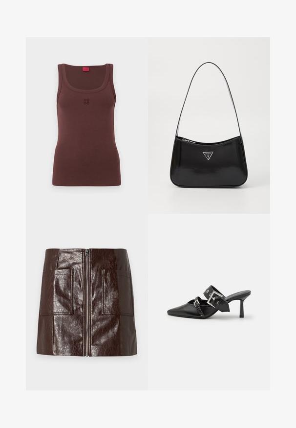 Schwarzer, langärmeliger, cropped Pullover mit gerippten Bündchen und Saum, der ein dezentes, erhabenes Logo auf der Brust zeigt.; Braunes ärmelloses Tanktop aus weichem Stoff, mit rundem Halsausschnitt und subtil gesticktem "HUGO"-Logo auf der Vorderseite.; Brauner Kunstleder-Minirock mit einem Reißverschluss vorne, zwei großen Fronttaschen und einer glatten, glänzenden Textur.; Schwarze High-Heel-Mules mit spitzem Zeh aus glattem Leder. Mit einem breiten Knöchelriemen, der eine quadratische silberne Schnalle und Nieten aufweist.; Schwarze patentierte Leder-Schultertasche mit geschwungener Form, ausgestattet mit einem silbernen Dreieckslogo und einem Reißverschluss. Glatte Textur und schmaler Riemen.