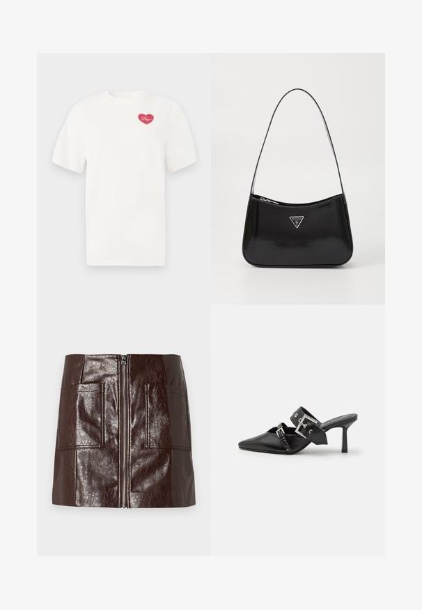 Juodas ilgas rankovėmis trumpas megztinis su raukšlėtais rankogaliais ir apatine dalimi, su subtiliu iškilusiu logotipu per krūtinę.; Balta medvilninė marškinėliai su rožine širdies formos grafika ir užrašu „Hugs“ (apkabinimai) šriftu. Trumpomis rankovėmis ir laisvu siluetu.; Ruda dirbtinės odos mini sijonas su priekiu užtrauktuku, dviem didelėm priekinėm kišenėm ir lygiu, blizgiu paviršiumi.; Juodos aukštakulnės mule bateliai su smailiu pirštu, pagaminti iš lygaus odos. Turi platų kulkšnies dirželį su kvadratiniu sidabro sagtimi ir skulptūromis.; Juodas lakinės odos peties krepšys, turintis kreivą formą, su sidabriniu trikampio logotipu ir užtrauktuko uždarymu. Lygus paviršius ir siauras diržas.