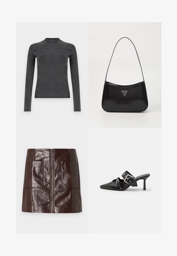 Zwarte langwerpige cropped sweater met ribgebreide manchetten en zoom, voorzien van een subtiel verhoogd logo op de borst.; Zwart langreet t-shirt gemaakt van ribbelstof, met een hoge halslijn en een slim fit. Stikdetails benadrukken de vorm.; Korte rok van bruin faux leer met een rits aan de voorkant, twee grote voorzakken en een gladde, glanzende textuur.; Zwarte hoge hakken mules met een puntige neus, gemaakt van soepel leer. Heeft een brede enkelriem met een vierkante zilveren gesp en studs.; Zwarte lakleren schoudertas met een gebogen vorm, voorzien van een zilveren driehoeklogo en een ritssluiting. Gladde textuur en slanke schouderband.