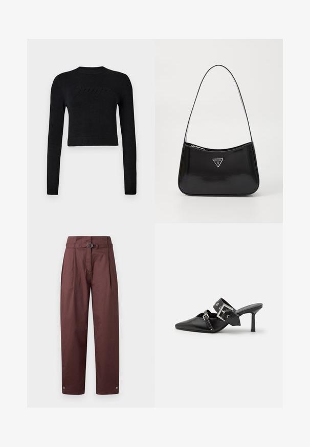 Črn dolg rokav skrajšan pulover z rebrastimi manšetami in robom, ki ima diskretno dvignjen logotip čez prsa.; Bordo hlače širokih nogavica iz bombaža z pasom na pasu, z gubami spredaj in zadrgami na gležnjih. Gladka tekstura, minimalističen oblik.; Črne visoke mule s koničastim prstom, izdelane iz gladkega usnja. Imajo širok gleženjski trak s kvadratno srebrno zaponko in okraski.; Črna patentirana usnjena torba za ramo s krožno obliko, opremljena s srebrnim trikotnim logotipom in zadrgo. Gladka tekstura in ozka naramnica.
