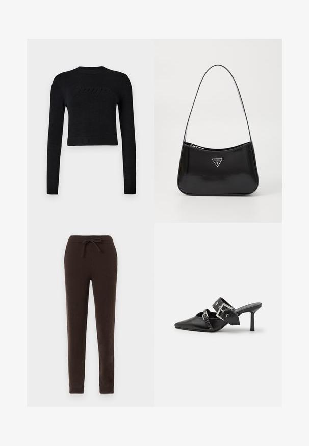 Black long-sleeve cropped sweater with ribbed cuffs and hem, featuring a subtle raised logo across the chest.; Brown sweatpants made of soft, textured fabric. Features an elastic waistband with a drawstring and ribbed cuffs at the ankles.; Black high-heeled mules with a pointed toe, made of smooth leather. Features a wide ankle strap with a square silver buckle and studs.; Black patent leather shoulder bag with a curved shape, featuring a silver triangle logo and a zipper closure. Smooth texture and slim strap.