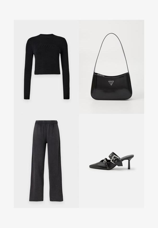 Fekete, hosszú ujjú, rövidített pulóver bordázott mandzsettával és szegéllyel, finoman kiemelkedő logóval a mellkas felett.; Fekete, bő szárú nadrág, rugalmas derékkal, puha anyagból. Sima textúrájú, laza szabású, látható zsebek vagy fémrészletek nélkül.; Fekete magassarkú mules, hegyes orral, sima bőrből készült. Széles bokapántja van, négyzet alakú ezüst csattal és szegecsekkel.; Fekete lakkbőr válltáska ívelt formával, ezüst háromszög logóval és cipzáros záródással. Simaság jellemzi és vékony pántja van.
