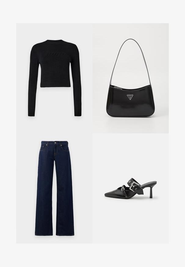 Juodas ilgas rankovėmis trumpas megztinis su raukšlėtais rankogaliais ir apatine dalimi, su subtiliu iškilusiu logotipu per krūtinę.; Plati kojinės džinsai tamsiai mėlynos spalvos, su standartiniu penkių kišenių dizainu, vario siūlėmis ir mygtuko uždarymu juosmens srityje.; Juodos aukštakulnės mule bateliai su smailiu pirštu, pagaminti iš lygaus odos. Turi platų kulkšnies dirželį su kvadratiniu sidabro sagtimi ir skulptūromis.; Juodas lakinės odos peties krepšys, turintis kreivą formą, su sidabriniu trikampio logotipu ir užtrauktuko uždarymu. Lygus paviršius ir siauras diržas.