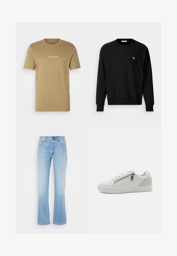 Hanorac negru dintr-un amestec de bumbac, cu guler rotund, umeri căzuți și un mic logo alb 'CK' pe piept.; Tricou din bumbac bej cu mâneci scurte. Prezintă un logo alb cu textul "Calvin Klein Jeans" și anul înființării imprimate pe față.; Jeans din denim albastru deschis, cu tiv evazat, finisaj uzat, cinci buzunare, bucle pentru curea și închidere cu nasture la talie.; Adidași albi din material din piele netedă, cu o accente de microfibră bej contrastant pe călcâi și un detaliu cu fermoar pe lateral.
