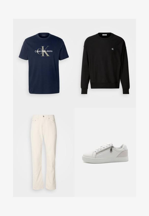 Sudadera negra de mezcla de algodón, con cuello redondo, hombros caídos y un pequeño logotipo 'CK' en blanco en el pecho.; Camiseta de algodón azul marino con un gran logotipo beige que dice "Calvin Klein Jeans" y un "CK" estilizado en el frente. Mangas cortas y cuello redondo.; Jeans de algodón color beige con un diseño clásico de pierna recta, que cuentan con un cierre frontal de botón, cinco bolsillos y detalles de costura sutiles.; Zapatilla blanca con material de cuero suave, acento en gamuza beige contrastante en el talón y detalle de cierre de cremallera en el lado.
