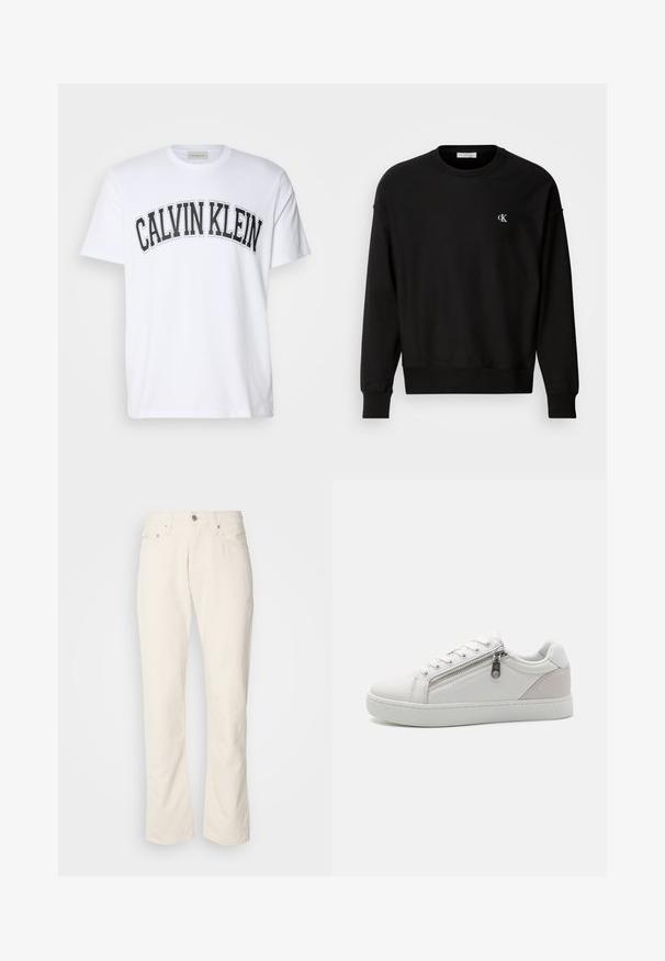 Felpa nera in misto cotone, con scollatura a girocollo, spalle drop e un piccolo logo bianco 'CK' sul petto.; T-shirt bianca in cotone con un logo curvo nero "CALVIN KLEIN" sulla parte anteriore. Collo rotondo e maniche corte, vestibilità standard.; Jeans in cotone beige con un classico design a gamba dritta, dotati di chiusura frontale con bottone, cinque tasche e dettagli di cucitura discreti.; Sneaker bianca con materiale in pelle liscia, accento in suede beige a contrasto sul tallone e dettaglio con chiusura a zip sul lato.