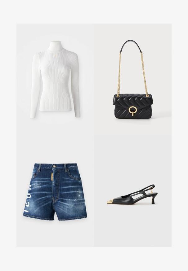 Bílý žebrovaný rolák vyrobený z měkkého materiálu, s dlouhými rukávy a malým zlatým akcentem na výstřihu.; Džínové šortky v tmavě modré barvě s opraným vzhledem, s bílým nápisem "ICON" na levé nohavici a oranžovou textilní nášivkou poblíž pasu.; Černá kožená sandálová bota s špičatou špičkou a zlatým kovovým špičákem. Obsahuje design s výřezy a štíhlý podpatek s nastavitelným páskem.; Černá prošívaná kožená kabelka se zlatým řetízkem, vybavená zakřiveným zlatým kováním a klopovým zapínáním. Kompaktní obdélníkový tvar.