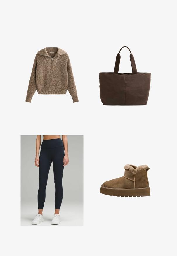 Pullover sweater med halv-zip krave, tekstureret brun strik, ribbede manchetter og kant, med en hyggelig, oversized pasform og v-udskæring.; Højtaljede, tætsiddende leggings i mørkeblå, lavet af strækbart stof. Har en glat tekstur og ingen synlige mønstre eller detaljer.; Brune ruskinds ankelstøvler med faux pelsfor, rund tå og en tykk platformsål; har en syet søm og en trækflap bagpå.; Brun stof totebag med to robuste håndtag, rektangulær form, minimale syninger og en glat tekstur.