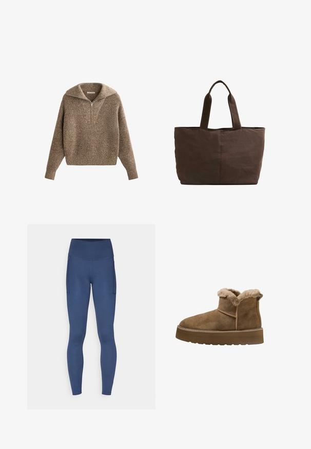 Sweter z półsuwnym kołnierzem, teksturowany brązowy splot, ściągacze przy rękawach i u dołu, o przytulnym, oversize'owym kroju i dekolcie w kształcie litery V.; New Balance - Rajstopy; Brązowe zamszowe botki za kostkę z futrzanym wnętrzem, okrągłym noskiem i grubą platformą; mają przeszywaną szew i uchwyt z tyłu.; Brązowa torba materiałowa z dwoma mocnymi uchwytami, prostokątny kształt, minimalne detale w szyciu i gładka tekstura.
