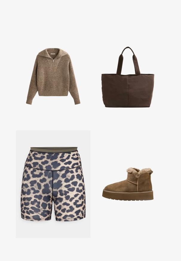Pulover s pol-zadrgo, teksturiran rjav pleten, z rebrastimi manšetami in robom, ki se ponaša s prijetnim, prostornim krojem in V-izrezom.; Šorts z leopardjim vzorcem s temnim pasom, izdelani iz gladkega sintetičnega materiala. Imajo črne in bež vzorce, šivane šive ter podrobnost z logotipom.; Rjavi semiš škornji do gležnjev z umetnim krznom, okroglo toe in debelim podplatom; imajo šivano šiv in zanko na hrbtni strani.; Rjava platnena torba z dvema trdnima ročajema, pravokotne oblike, minimalni šivi in gladka tekstura.