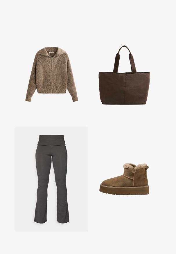 Sveter s polovičným zipsom a textúrovaným hnedým úpletom, s rebrovanými manžetami a lemom, vyznačujúci sa útulným a voľným strihom a výstrihom do V.; Fittované, tmavošedé, rozšírené jogové nohavice so širokým, mäkkým opaskom. Vyrobené z elastického, hladkého materiálu pre pohodlie a flexibilitu.; Hnedé semišové kotníkové boots s umelou kožušinou, okrúly priehlb, a hrubá platformová podrážka; obsahujú prešitý šev a pútko vzadu.; Hnedá látková taška s dvoma pevných uchami, obdĺžnikový tvar, minimálne švy a hladká textúra.