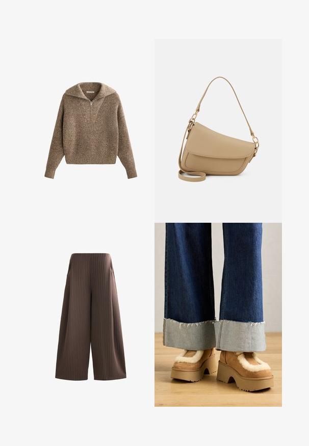 Pullover mit halbem Reißverschluss am Kragen, strukturiertem braunem Strick, gerippten Bündchen und Saum, mit einem gemütlichen, oversized Schnitt und V-Ausschnitt.; Braune weite Hose mit vertikalen weißen Streifen, mit seitlichen Taschen und einer glatten Textur. Flacher Bund ohne sichtbare Verschlüsse.; Braune Wildleder-Plateau-Stiefel mit cremefarbener Fellfütterung, kombiniert mit weiten Denim-Hosen mit fransigen Säumen und einem helleren Denim-Bündchen.; Even&Odd Handtasche - beige