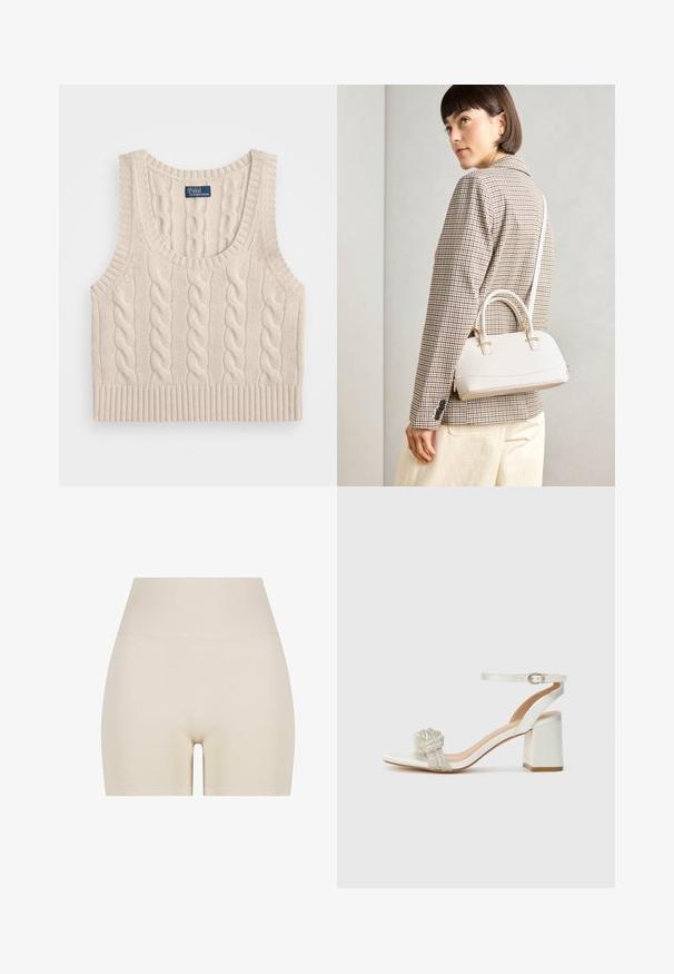 Pull en tricot côtelé court de couleur beige clair, présentant un large col, un design sans manches et un ourlet en côtes. Étiquette logo visible au niveau du col.; Shorts beiges avec une texture lisse, une taille haute à côtes et un ajustement élastique, d'une longueur mi-cuisse et sans motifs visibles.; Sandale blanche à bout ouvert avec un épais talon carré, ornée d'une bande à paillettes texturée sur le pied et d'une sangle de cheville réglable.; Sac à main structuré blanc avec de courtes poignées et une bandoulière, doté de accents en métal doré et d'un matériau texturé, présenté sur un fond gris.