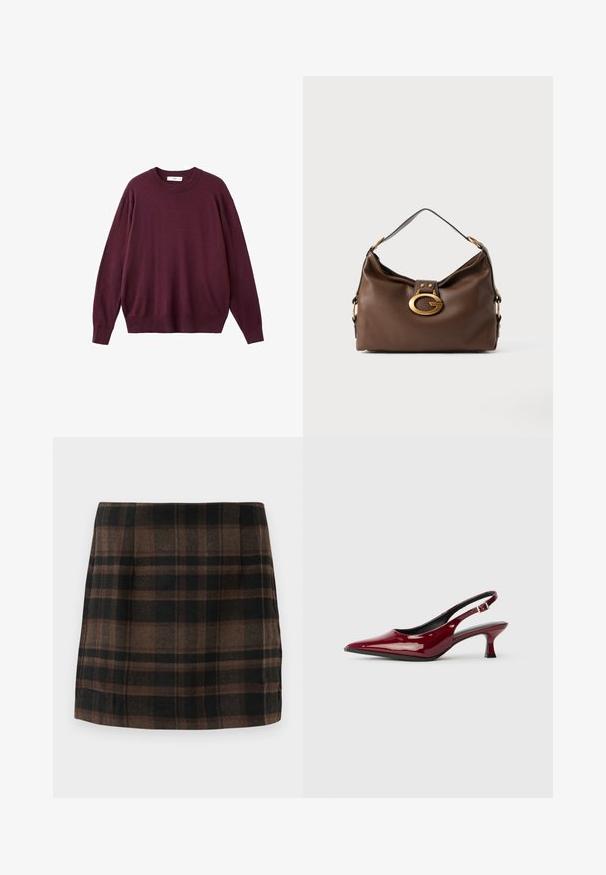 Langärmliger Rundhalsausschnitt-Pullover in einfarbig dunklem Kastanienbraun mit ribbed Bündchen und Saum, flach auf einem weißen Hintergrund präsentiert.; Karierte Minirock in Braun-, Schwarz- und Brauntönen, aus strukturiertem Stoff gefertigt, mit tailliertem Design und Seitennähten für Stabilität.; Burgunderfarbene Lackleder Slingback-Absätze mit spitzem Zehenbereich und schlankem Stiletto-Absatz. Offenes Rückendesign mit verstellbarem Knöchelriemen.; Braune Handtasche aus Leder mit strukturiertem Finish, ausgestattet mit einem goldfarbigen Verschluss und einem einzigen, geschwungenen Schulterriemen.