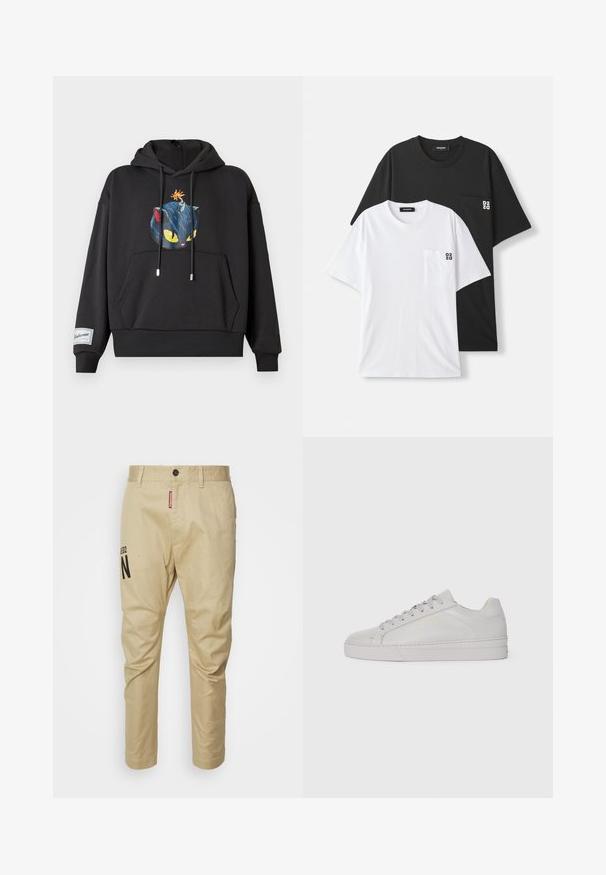 Felpa nera con cappuccio caratterizzata da una grafica di un gatto blu con occhi gialli e una bomba sulla testa. Include una tasca frontale e orlo a costine.; Due t-shirt esposte: una nera e una bianca, entrambe a manica corta e con una piccola tasca sul petto. Loghi presenti sulla tasca.; Pantaloni in cotone beige con design a gamba dritta, chiusura frontale con bottone e logo "N" stampato in nero sulla gamba sinistra.; Sneaker in pelle grigia chiara con texture liscia, punta arrotondata, suola piatta in gomma e lacci tono su tono. Presenta un branding minimale in oro.