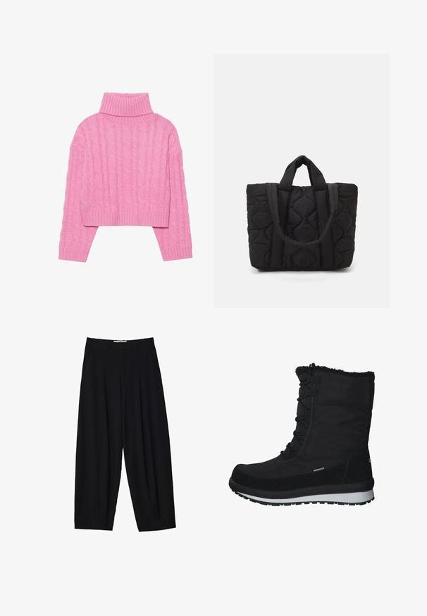 Gekürzter rosa Rollkragenpullover aus strukturiertem Kabelstrick, mit geripptem Kragen und Bündchen, langen Ärmeln und einem taillierten Saum.; Schwarze weit geschnittene Hose aus leichtem Stoff, mit vorderen Falten, klassischem Bund und seitlichen Taschen. Angenehme Struktur.; CMP HARMA SNOW WP - Snowboot/Winterstiefel - schwarz; Schwarze gesteppte Tragetasche mit zwei stabilen Tragegriffen, gefertigt aus einem strukturierten Stoff mit einem Rautenmuster für Langlebigkeit und Stil.