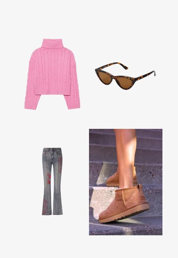Gekürzter rosa Rollkragenpullover aus strukturiertem Kabelstrick, mit geripptem Kragen und Bündchen, langen Ärmeln und einem taillierten Saum.; Ausgestellte Jeans aus verwaschenem blauen Denim mit roten gestickten Blumen- und abstrakten Mustern an den äußeren Beinen. Standard-Fünf-Taschen-Design und Gürtelschlaufen.; Beige Wildleder-Ankelstiefel mit weicher Textur, gesteppten Details und einer Gummisohle, ausgestattet mit einer Schlaufe an der Ferse für einfaches An- und Ausziehen.; Katzenaugen-Sonnenbrille mit einem schwarz-orangenen Schildpattrahmen, braunen Gläsern und schlanken, spitzen Enden. Verfügt über ein minimalistisches Logo am Bügel.