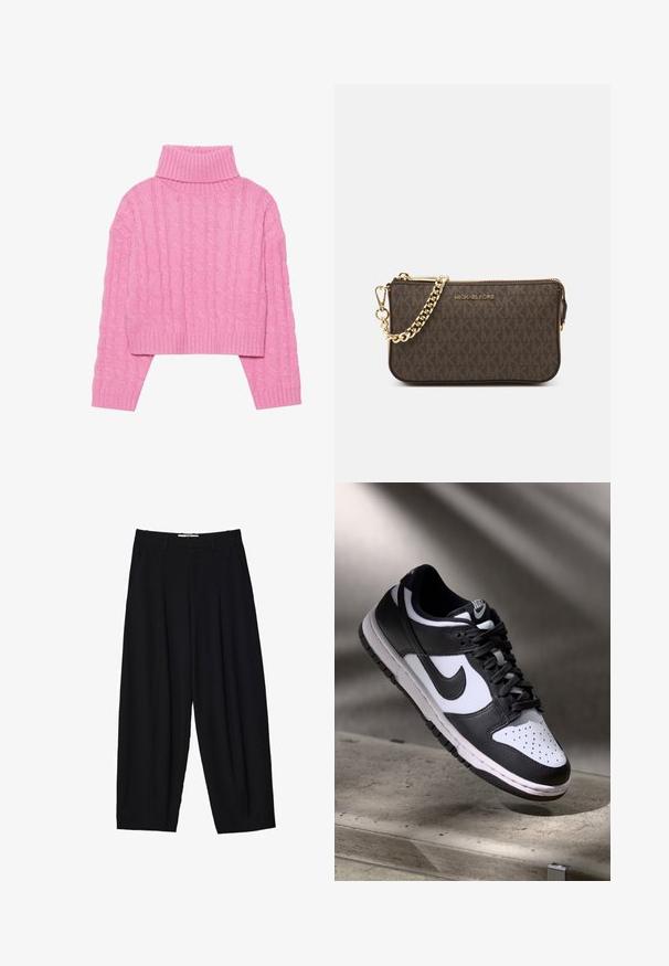 Maglione rosa a collo alto, accorciato, realizzato in maglia a treccia testurizzata, con colletto e polsini a costine, maniche lunghe e orlo aderente.; Pantaloni a gamba larga neri realizzati in tessuto leggero, con pieghe frontali, una vita classica e tasche laterali. Tessuto morbido.; Sneaker Nike Dunk Low in bianco e nero con tomaia in pelle, punta perforata e lacci neri, caratterizzata da una suola bianca e dettagli del logo.; Borsa a tracolla in pelle marrone con motivo logo, tracolla in catena dorata, chiusura con zip e dettagli in metallo dorato. Forma compatta e rettangolare.