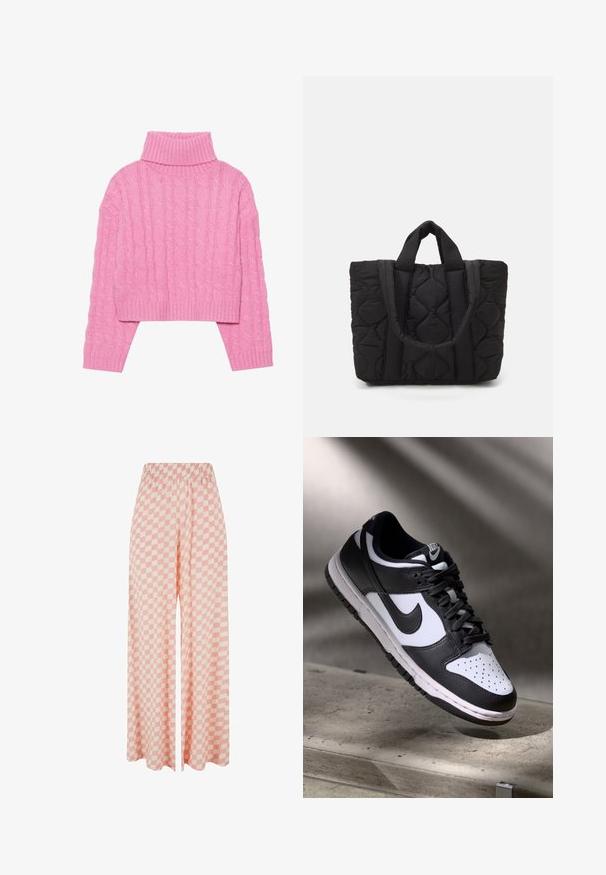 Cropped pink turtleneck sweater made of textured cable knit, featuring a ribbed collar and cuffs, with long sleeves and a fitted hem.; Light pink wide-leg pants featuring a checkered pattern in alternating shades, with an elastic waistband for comfortable wear.; Black and white Nike Dunk Low sneaker with leather upper, perforated toe box, and black laces, featuring a white sole and logo accents.; Black quilted tote bag with two sturdy handles, featuring a textured fabric with a diamond pattern for durability and style.