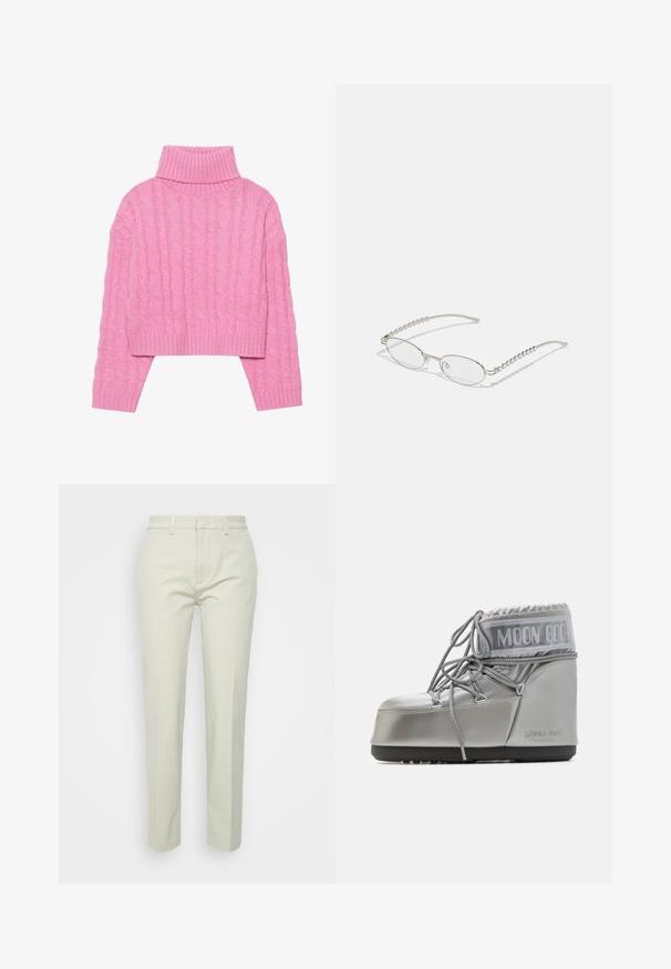 Zkrátený ružový rolák svetra vyrobený z textúrovanej žakárovej pleteniny, s rebrovaným golierom a manžetami, dlhými rukávmi a priliehavým lemom.; Svetlo béžové nohavice s rovnými nohavicami vyrobené z bavlny, s plochým predným dielom, pútkami na opasok a bez viditeľných vreciek alebo vzorov.; Strieborná vodotesná obuv s zaobleným tvarom, textúrovaným povrchom a šedými šnúrkami. Obsahuje výrazné logo "MOON BOOT" v hornej časti.; Oválne okuliare s kovovým strieborným rámom, priesvitnými šošovkami a textúrovanými perlovými akcentmi na spánkoch. Ľahký dizajn s zahnutými ramenami.