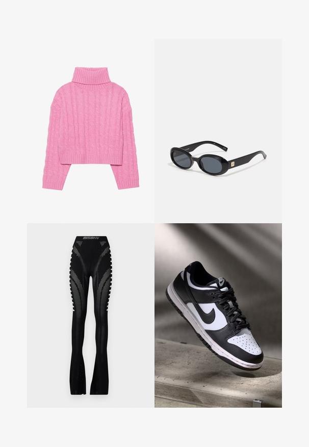 Cropped pink turtleneck sweater made of textured cable knit, featuring a ribbed collar and cuffs, with long sleeves and a fitted hem.; MISBHV BIANCA SEAMLESS TROUSERS - Trousers - black; Black and white Nike Dunk Low sneaker with leather upper, perforated toe box, and black laces, featuring a white sole and logo accents.; Black oval sunglasses with dark lenses, glossy plastic frame, wide arms, and a small gold accent on one side.