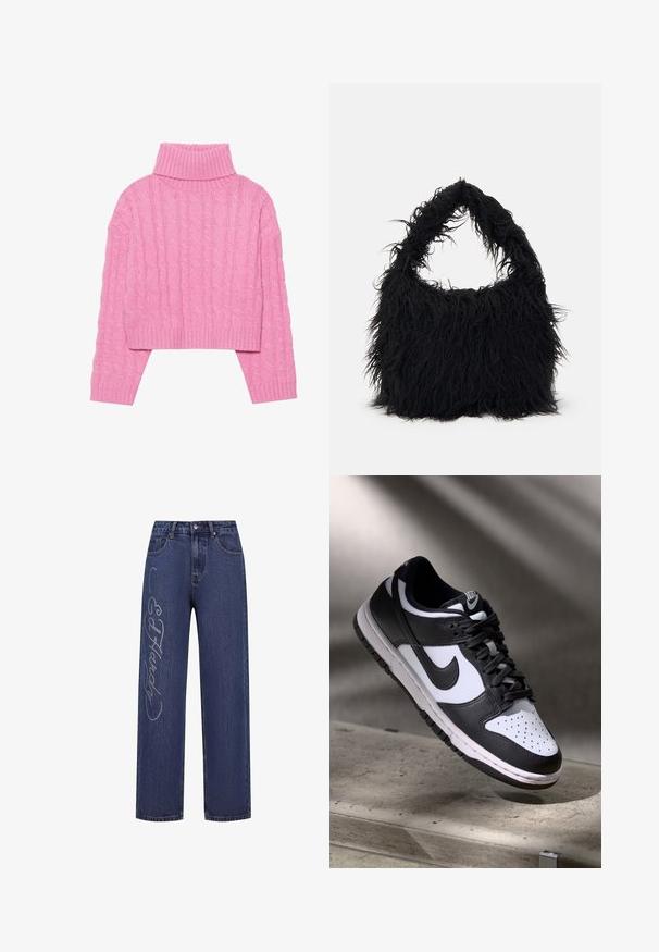 Skórzany różowy sweter o skróconym kroju, wykonany z teksturowanego splotu warkoczowego, z prążkowanym kołnierzem imanżetami, długimi rękawami i dopasowanym rękawem.; Granatowe dżinsy o luźnym kroju, z dekoracyjnymi srebrnymi cyrkoniami tworzącymi napis "Ed Hardy" wzdłuż lewego nogawki.; Czarno-białe sneakersy Nike Dunk Low z cholewką skórzaną, perforowanym noskiem i czarnymi sznurowadłami, z białą podeszwą i akcentami logo.; Even&Odd - Torba na zakupy