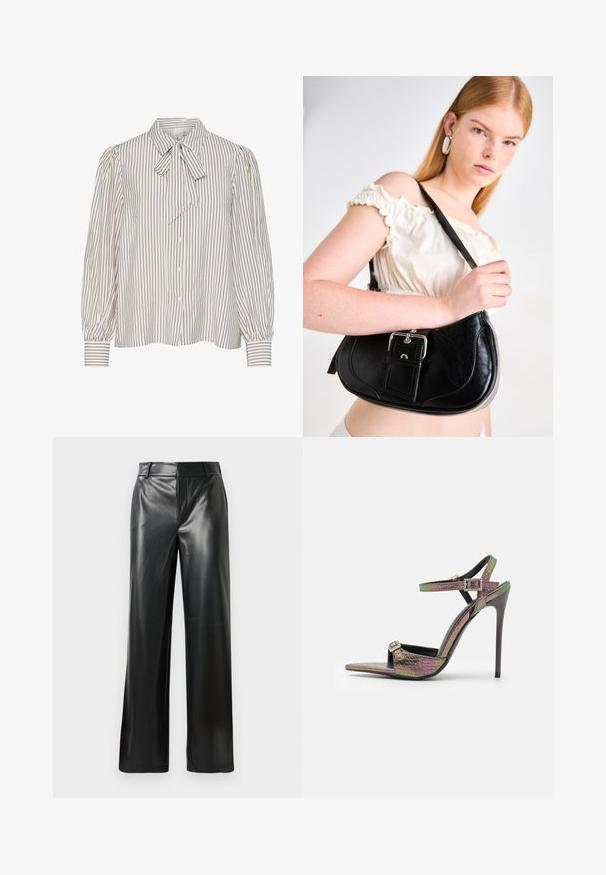 Grønn genser i mohairblanding med lange ermer, rund hals og myk tekstur, med avslappet passform og uten synlige lukkinger.; Knappløs skjorte med vertikale hvite og burgunderstriper, buekrage og draperte pufferm med en glatt tekstur.; Sorte skinnbuksar med breie ben og glatt tekstur, med middels høy midje og diskrete frontfolder.; Høyhælte sandaler med et flerfarget, teksturert slangeprint. Har justerbare ankelremmer og en spiss tådesign.; Svart skinn skulderveske med en buet form, polert sølvfeste og en avtakbar tag. Glatt tekstur med subtile sømdetaljer.