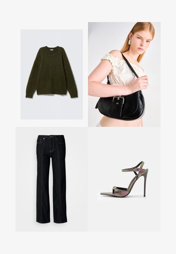 Zeleni džemper od mješavine mohera s dugim rukavima, okruglim izrezom i puhastom teksturom, s opuštenim krojem i bez vidljivih zatvarača.; Crne široke traperice izrađene od denima, s vidljivim šavovima, kopčanjem na dugme i dva prednja džepa. Glatka tekstura s ravnim krojem.; Sanda u visokom potpeticama s višebojnim, teksturiranim uzorkom zmijske kože. Ima podesive remene oko gležnja i dizajn šiljastog prsta.; Crna kožna torba za rame s zakrivljenim oblikom, poliranim srebrnim hardverom i odvojivom oznakom. Glatka tekstura s suptilnim detaljima šivanja.