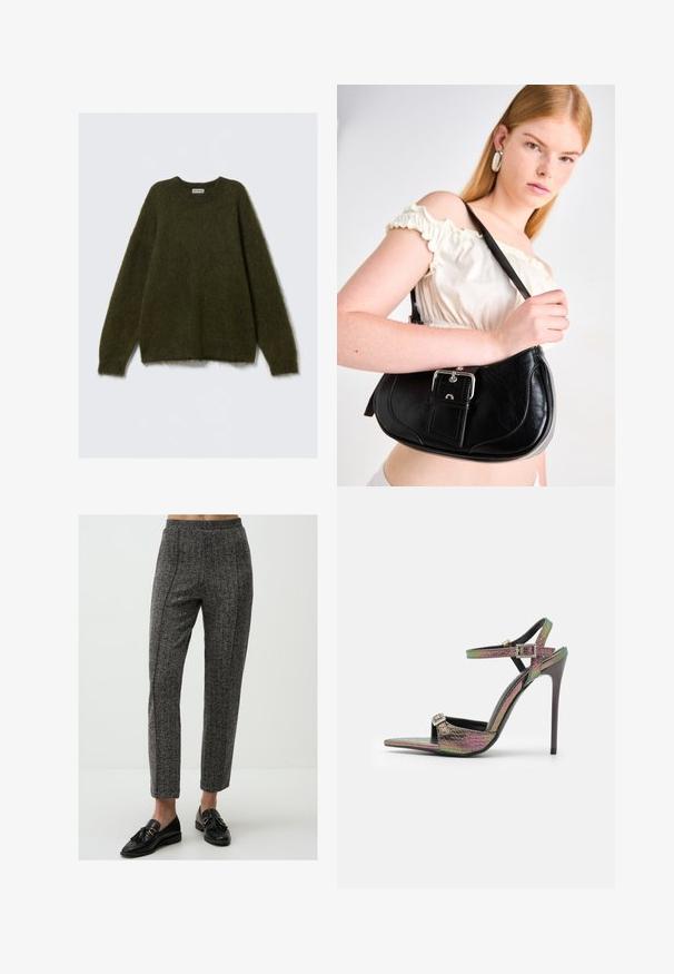 Pull vert en mélange de mohair avec manches longues, col rond et texture duveteuse, offrant une coupe décontractée sans attaches visibles.; Pantalon gris à motifs avec une texture lisse, doté d'une taille haute et d'une coupe droite, associé à des mocassins noirs.; Sandale à talons hauts avec un imprimé serpent texturé multicolore. Dotée de brides de cheville réglables et d'un design à bout pointu.; Sac à épaule en cuir noir au design arrondi, matériel en argent poli et étiquette amovible. Texture lisse avec des détails de couture subtils.