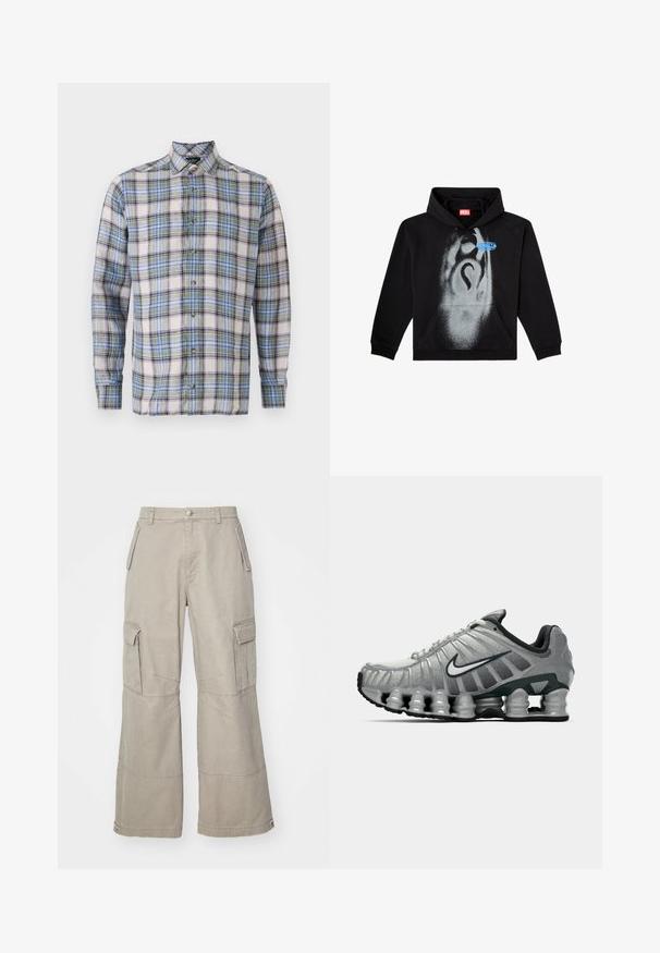 Fekete kapucnis pulóver pamutból. Elülső zsebbel, húzózsinóros kapucnival és szürke spray-festék dizájnnal rendelkezik, kék címke kiemeléssel.; Kockás ing fehér, kék, zöld és lila árnyalatokban. Gombos gallérral, hosszú ujjakkal és elülső gombokkal rendelkezik. Könnyű anyag.; Khaaki színű, pamut keverékből készült cargo nadrág, széles lábakkal, több oldalsó zsebbel és diszkrét varrási részletekkel.; Szürke és fekete Nike futócipő, látható rugós párnázással a talp alatt és fehér swoosh logóval az oldalon.