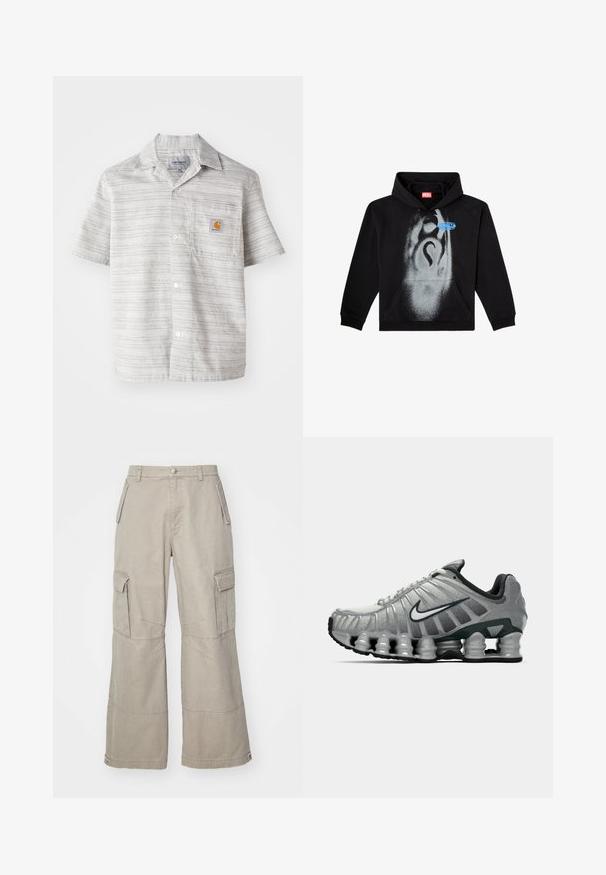 Felpa nera con cappuccio in cotone. Presenta una tasca frontale, un cappuccio con cordino e un design a spruzzo grigio con un accento blu sull'etichetta.; Camicetta a maniche corte di colore grigio chiaro con righe verticali, chiusura a bottoni e tasca sul petto con un piccolo logo arancione. Tessuto misto cotone.; Pantaloni cargo in khaki realizzati in cotone misto, con gambe ampie, molteplici tasche laterali e sottili dettagli di cucitura.; Scarpa da corsa Nike grigia e nera con ammortizzazione visibile a molla sotto la suola e logo swoosh bianco di lato.