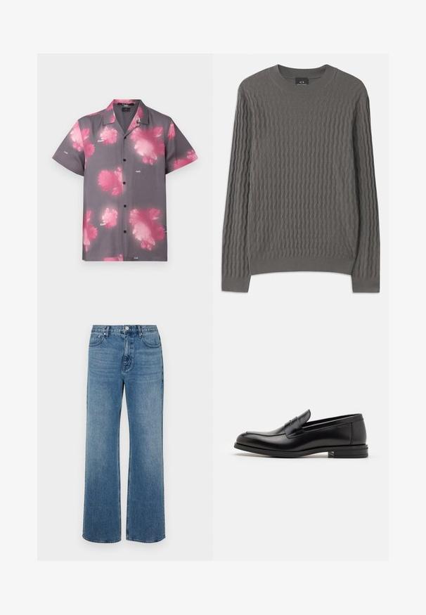 Armani Exchange Džemperis - dark gull zig zag; Īsām piedurkņu krekls pelēkā audumā ar lieliem rozā ziedu rakstiem, pogu priekšpuses, un klasisku apkakli. Zīmola etiķete redzama priekšpusē.; Platās kājas zilo džinsu bikses izgatavotas no zila auduma ar izbalējušu apdari. Tām ir piecas kabatas, priekšējais pogu aizdare un taisna piegriezuma forma.; Melnas ādas kurpes ar gludu tekstūru, noapaļu purngalu un dekoratīvu siksniņu pāri priekšpusei. Zems sakrauts papēdis, minimālisma dizains.