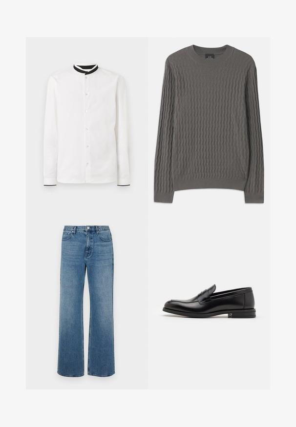 Armani Exchange Džemper - dark gull zig zag; Valge pikka varrukat särk musta mandariini kraega, millel on ees nööbiklapp ja kontrastsete mansettidega, millel on peen tekstuur.; Laiad sinised teksad, mis on valmistatud denimist ja millel on kulunud viimistlus. Omab viit taskut, ees nööpidega kinnitust ja sirget lõiget.; Mustad mustad nahast loafers sileda tekstuuriga, ümarat ninaosa ja dekoratiivne riba vampi üle. Madal kihiline konts, minimalistlik disain.
