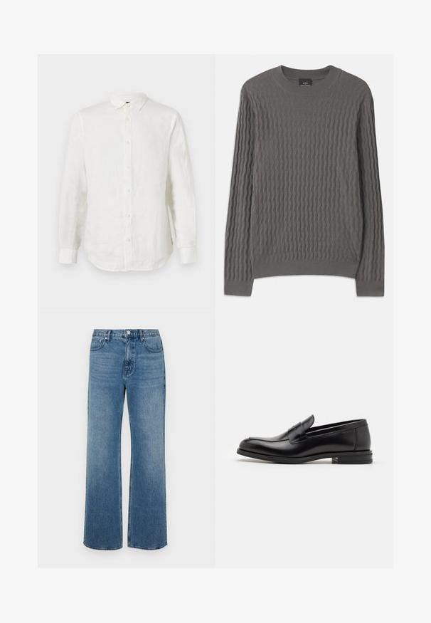 Armani Exchange Pulover - dark gull zig zag; Bela lanena srajca z dolgimi rokavi in ovratnikom na kragnico, sprednjim gumbom in zaobljenim robom. Ima subtilno teksturo in ožji kroj.; Modri široki jeans iz denima z izbledelim zaključkom. Imajo pet žepov, sprednje zapiranje na gumb in ravno krojenje.; Črne usnjene loafer čevlje z gladko teksturo, zaobljenim nosom in dekorativnim trakom čez zgornji del. Nizka zložena peta, minimalističen dizajn.