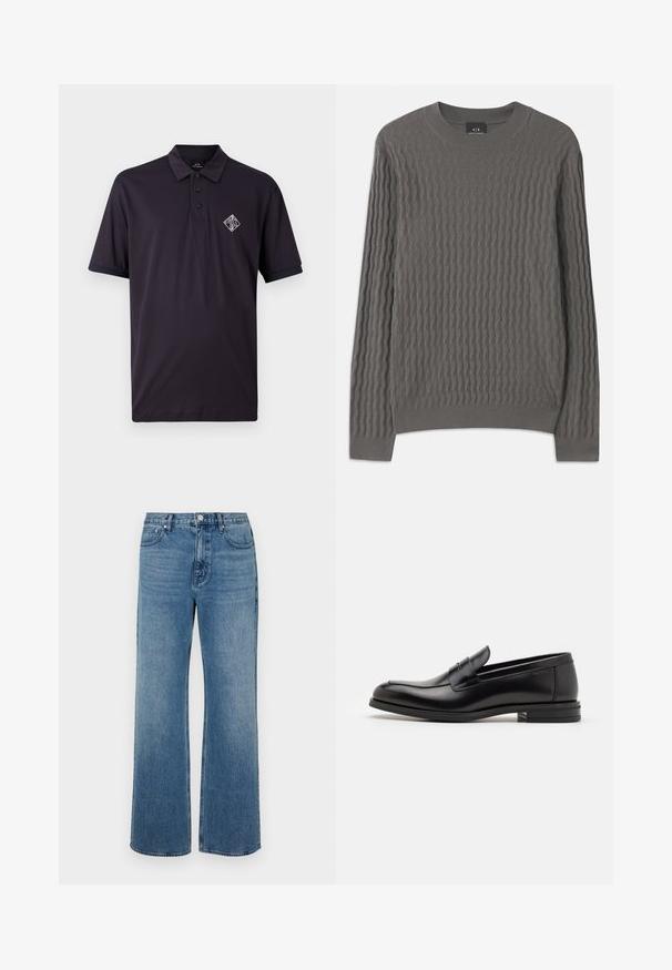 Armani Exchange - Sweter; Granatowa koszulka polo z bawełny, z kołnierzykiem, zapięciem na trzy guziki i krótkimi rękawami. Posiada białe haftowane logo na piersi.; Szerokie niebieskie dżinsy wykonane z denimu o wyblakłym wykończeniu. Posiadają pięć kieszeni, zapięcie na guzik z przodu oraz prosty krój.; Czarne skórzane mokasyny o gładkiej fakturze, zaokrąglonym nosku i dekoracyjnym pasku na przodzie. Niski, warstwowy obcas, minimalistyczny design.