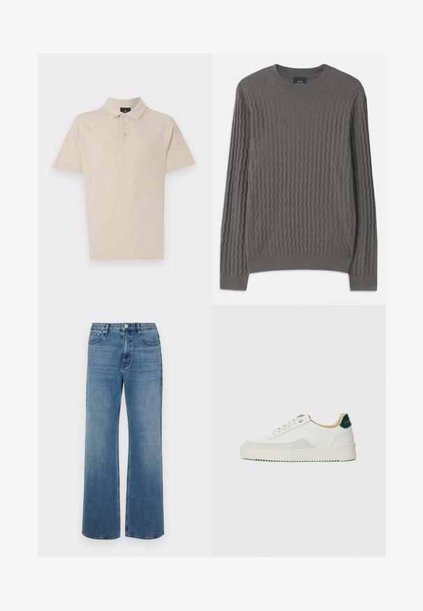 Armani Exchange Striktrøje - dark gull zig zag; Beige polo skjorte lavet af blød bomuldsblanding, med en klassisk krave, tre knaplukninger og korte ærmer. Simpelt og alsidigt design.; Bredde ben blå jeans lavet af denim med en falmet finish. Har fem lommer, en frontknaplukning og en lige pasform.; Hvide sneakers med ruskindsdetaljer, rund tå, flade snørebånd og en cremet gummisål. Har grøn branding på hælen.