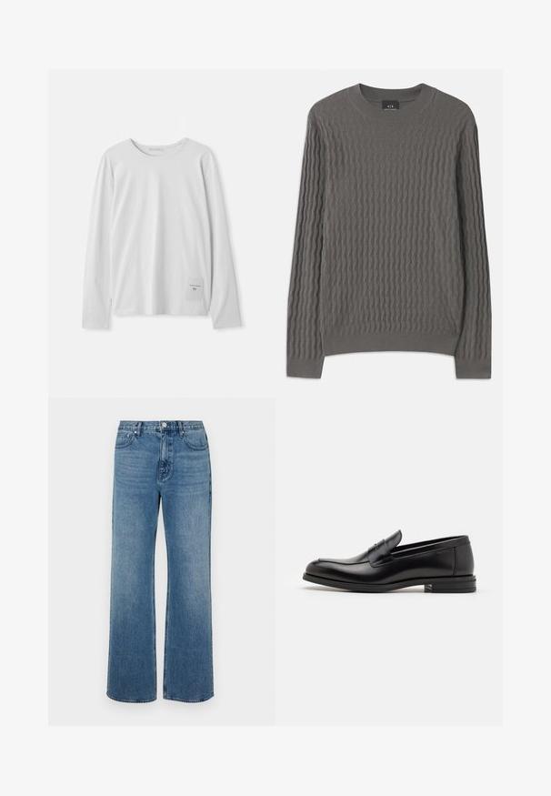 Armani Exchange Jumper - dark gull zig zag; White long-sleeve T-shirt made of soft cotton. Features a round neckline and a small branded tag on the lower left side.; Wide-leg blue jeans made of denim with a faded finish. Features five pockets, a front button closure, and a straight cut.; Black leather loafers with a smooth texture, rounded toe, and a decorative strap across the vamp. Low stacked heel, minimalist design.