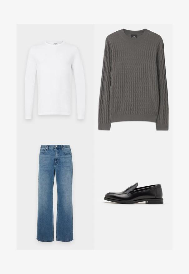 Armani Exchange Jumper - dark gull zig zag; Long-sleeve plain white crewneck shirt displayed on a flat, light gray background.; Wide-leg blue jeans made of denim with a faded finish. Features five pockets, a front button closure, and a straight cut.; Black leather loafers with a smooth texture, rounded toe, and a decorative strap across the vamp. Low stacked heel, minimalist design.