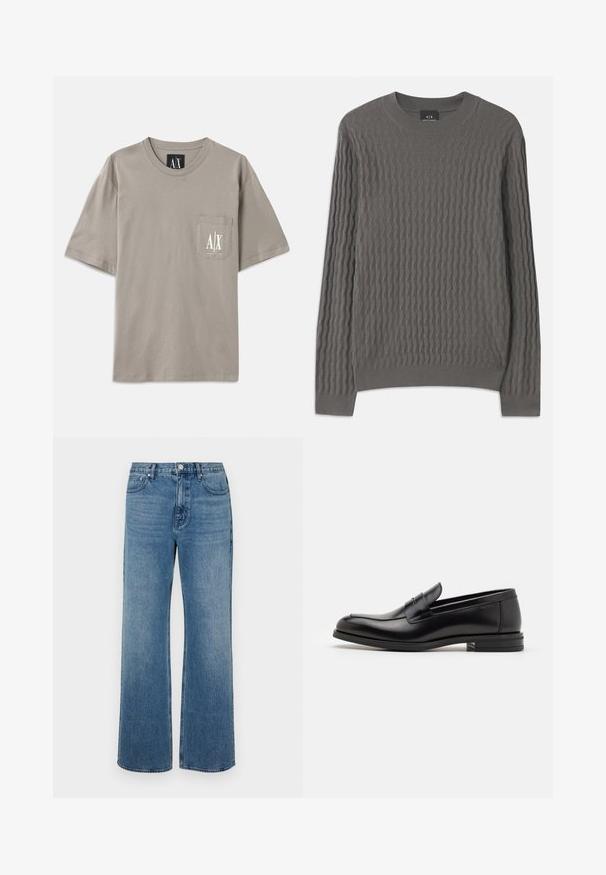 Armani Exchange Jersey de punto - dark gull zig zag; Camiseta gris de manga corta hecha de algodón, con un bolsillo en el lado izquierdo del pecho que lleva un diseño de logo blanco. Cuello redondo, corte relajado.; Pantalones vaqueros de pierna ancha en denim con un acabado desgastado. Presenta cinco bolsillos, un cierre de botón en la parte delantera y un corte recto.; Mocasines de cuero negro con una textura suave, puntera redondeada y una tira decorativa en el empeine. Tacón bajo apilado, diseño minimalista.