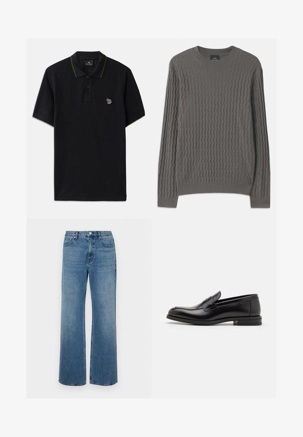 Armani Exchange - Sweter; Czarna koszulka polo wykonana z bawełny z zielonym wykończeniem kołnierzyka. Posiada mały, wielokolorowy haft słonia po lewej stronie na piersi.; Szerokie niebieskie dżinsy wykonane z denimu o wyblakłym wykończeniu. Posiadają pięć kieszeni, zapięcie na guzik z przodu oraz prosty krój.; Czarne skórzane mokasyny o gładkiej fakturze, zaokrąglonym nosku i dekoracyjnym pasku na przodzie. Niski, warstwowy obcas, minimalistyczny design.