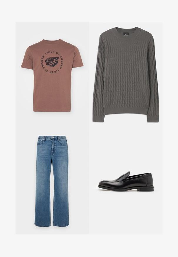 Armani Exchange Jumper - dark gull zig zag; Brown cotton t-shirt with short sleeves and a crew neck. Features a circular black graphic of a tiger's head and text "TIGER OF SWEDEN."; Wide-leg blue jeans made of denim with a faded finish. Features five pockets, a front button closure, and a straight cut.; Black leather loafers with a smooth texture, rounded toe, and a decorative strap across the vamp. Low stacked heel, minimalist design.