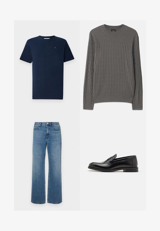 Armani Exchange Jumper - dark gull zig zag; Navy blue short-sleeve T-shirt made of cotton, featuring a round neck and a small white emblem on the chest; smooth texture.; Wide-leg blue jeans made of denim with a faded finish. Features five pockets, a front button closure, and a straight cut.; Black leather loafers with a smooth texture, rounded toe, and a decorative strap across the vamp. Low stacked heel, minimalist design.