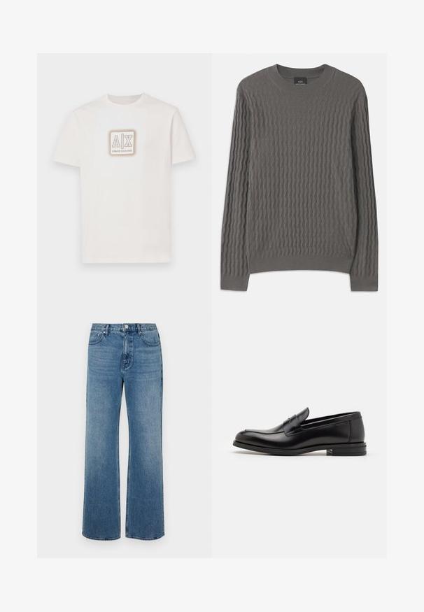 Armani Exchange Camisola - dark gull zig zag; T-shirt branca em algodão com um gráfico quadrado contendo o texto 'A|X' e 'ARMANI EXCHANGE' em bege e castanho. Manga curta, design de decote redondo.; Jeans azuis de perna larga, feitos de denim com um acabamento desbotado. Apresentam cinco bolsos, um fecho frontal com botão e um corte reto.; Mocassins de couro preto com uma textura suave, bico arredondado e uma faixa decorativa sobre o peito do pé. Salto baixo e empilhado, design minimalista.