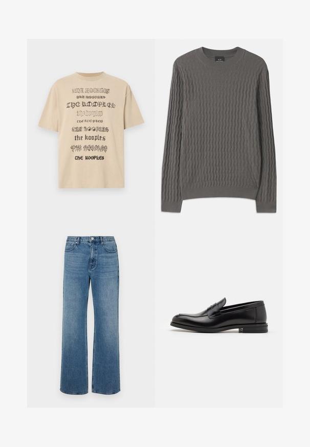 Armani Exchange Jersey de punto - dark gull zig zag; Camiseta oversized beige con gráficos de texto repetidos en negro, con diferentes estilos de fuente. Fabricada en suave algodón.; Pantalones vaqueros de pierna ancha en denim con un acabado desgastado. Presenta cinco bolsillos, un cierre de botón en la parte delantera y un corte recto.; Mocasines de cuero negro con una textura suave, puntera redondeada y una tira decorativa en el empeine. Tacón bajo apilado, diseño minimalista.