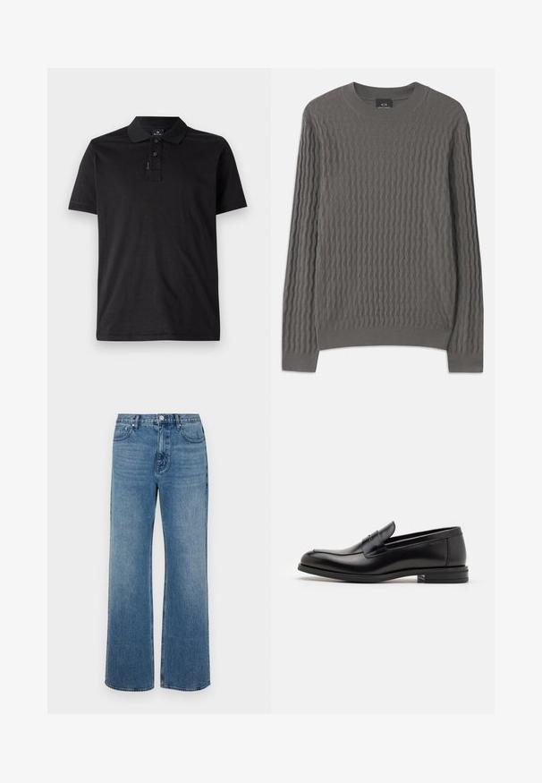 Armani Exchange Pulóver - dark gull zig zag; Fekete póló, puha pamutból készült, galléros nyakkal, háromgombos patenttal és rövid ujjal. Egyszerű és klasszikus dizájn.; Széles lábú, koptatott kék farmernadrág. Öt zsebből, elülső gombos záródásból és egyenes szabásból áll.; Fekete bőr loaferek sima textúrával, kerek orral és dekoratív pánttal a vampnál. Alacsony, rétegelt sarkú, minimalista dizájn.